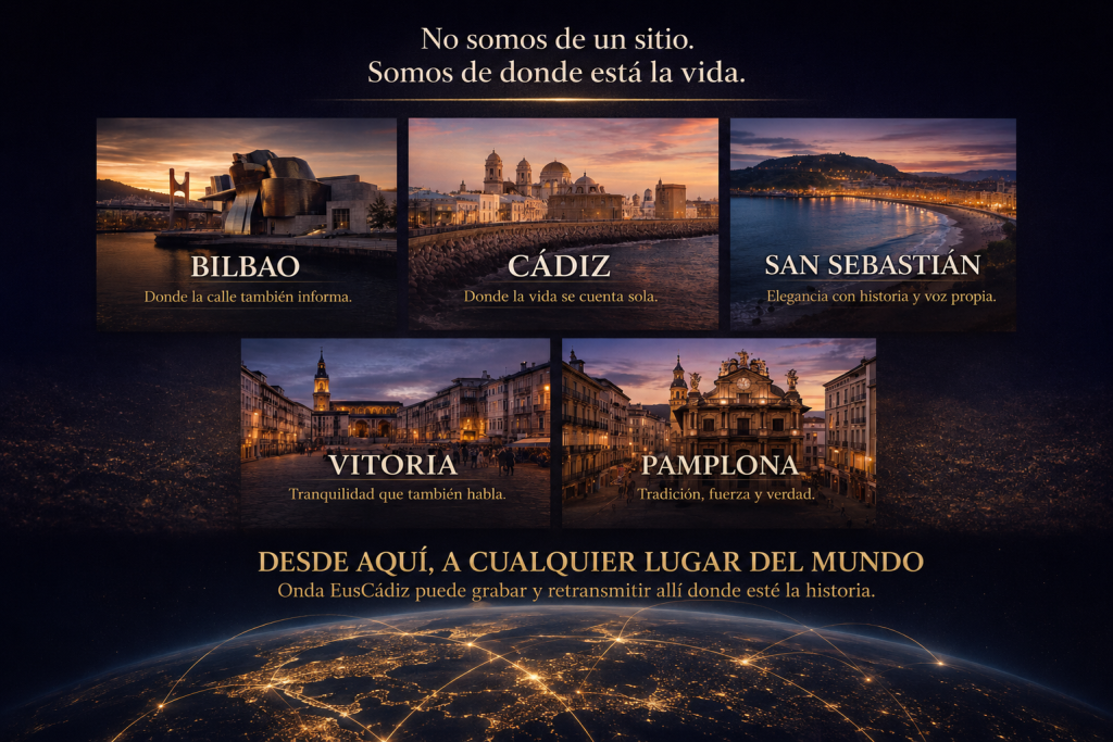 Onda EusCádiz conecta Bilbao, Cádiz, San Sebastián, Vitoria y Pamplona para grabar y retransmitir historias desde cualquier lugar del mundo.