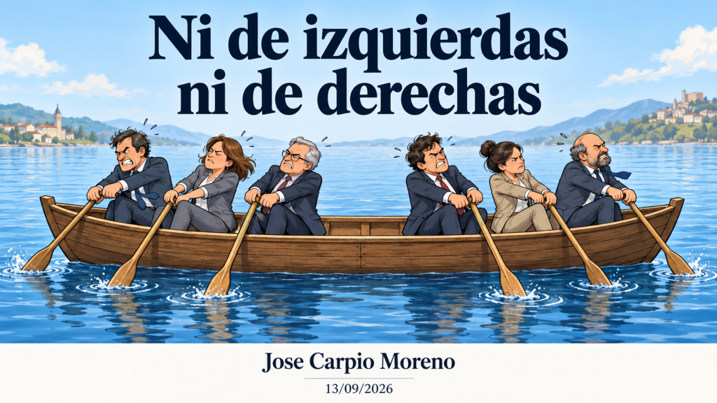 Ilustración de seis personas remando en direcciones opuestas en un mismo barco, como metáfora de la división política
